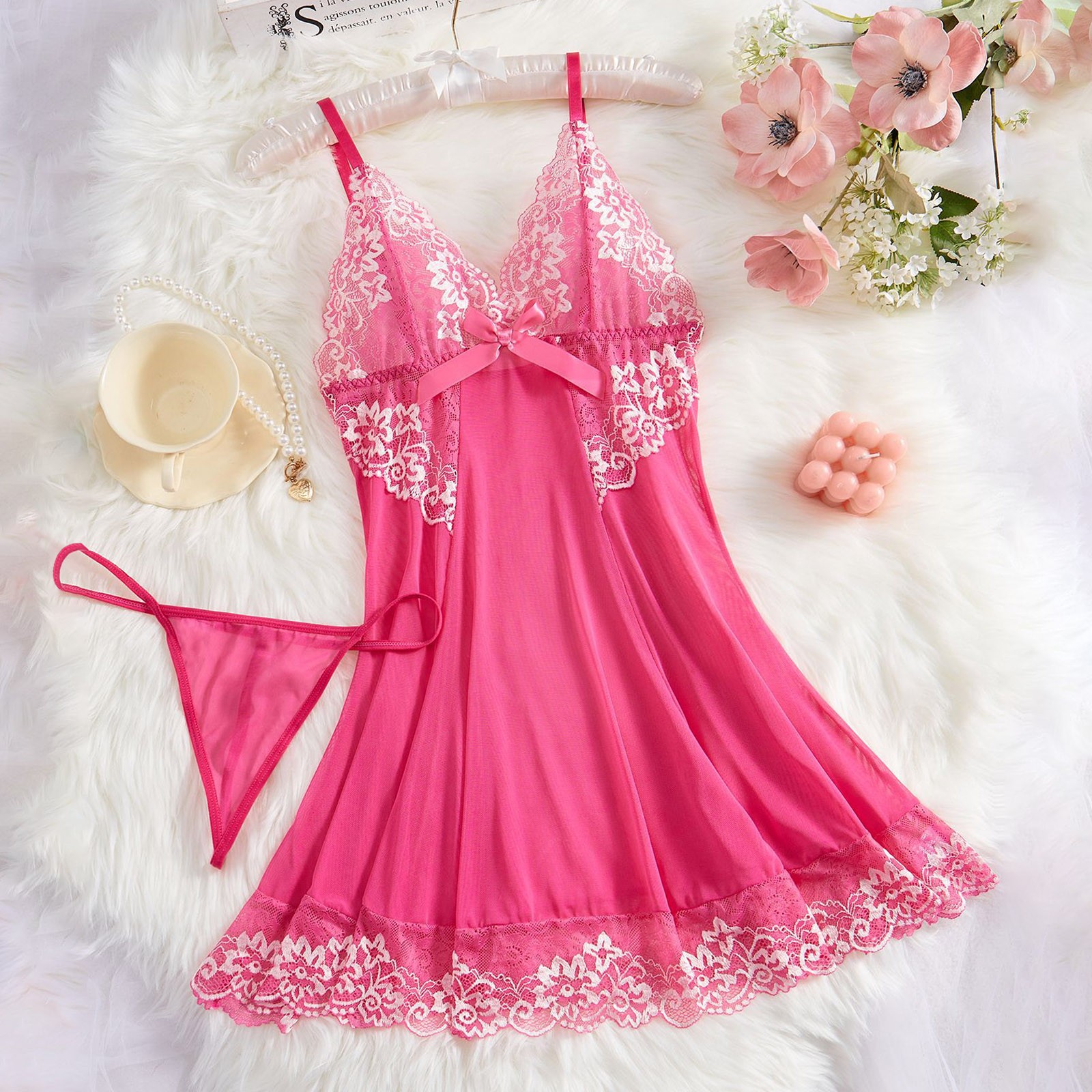 thumbnail image 3 of Body sexy de encaje para mujer con liguero - Conjunto de camisón de malla transparente, lencería de poliéster y spandex para ocasiones especiales, 3 of 5